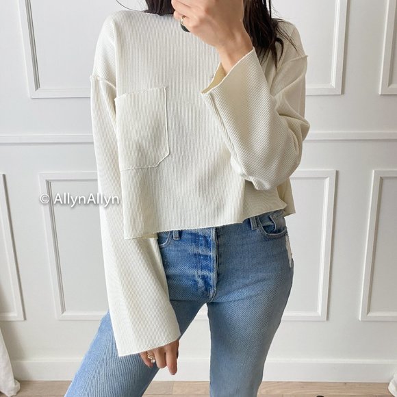 Zara Tops - Preowned - Zara Cropped Relaxed Pocket Tee with Wide Arms - Small